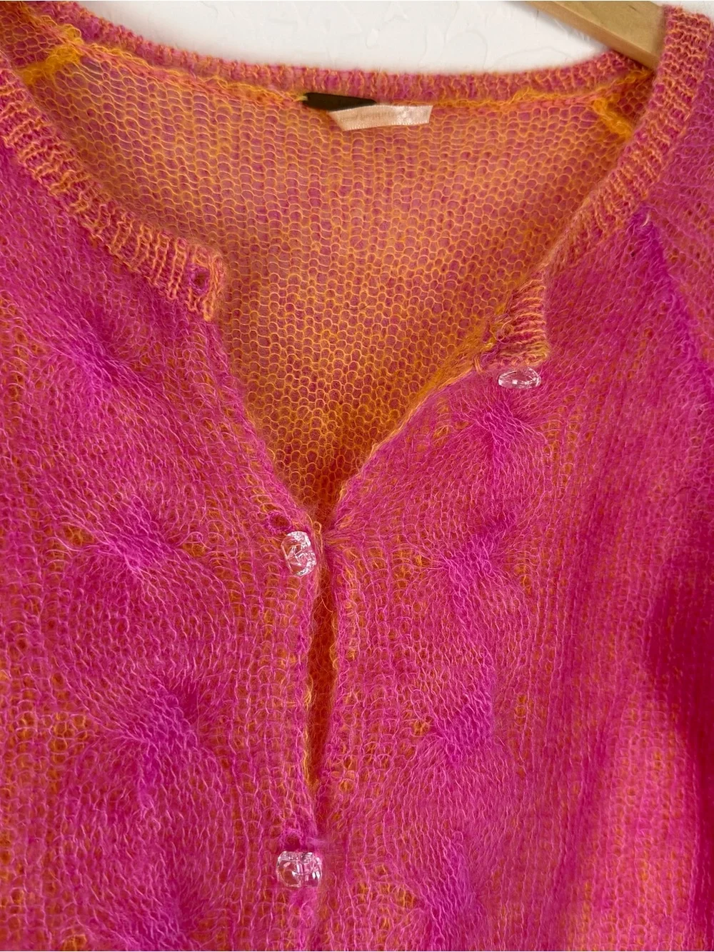 Free People Mohair Cardigan Y2k Double Knit Pink Yellow Sheer